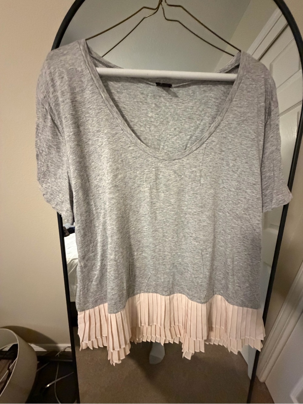 J. Crew Gray Short-Sleeve Tee with Pink Pleated Hem